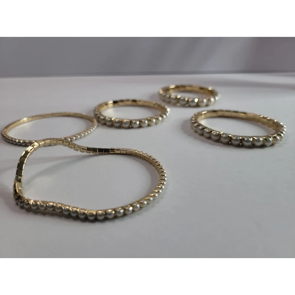 Lot of 5 Gold Tone White Beaded Stretch Bracelets Stackable Bundle